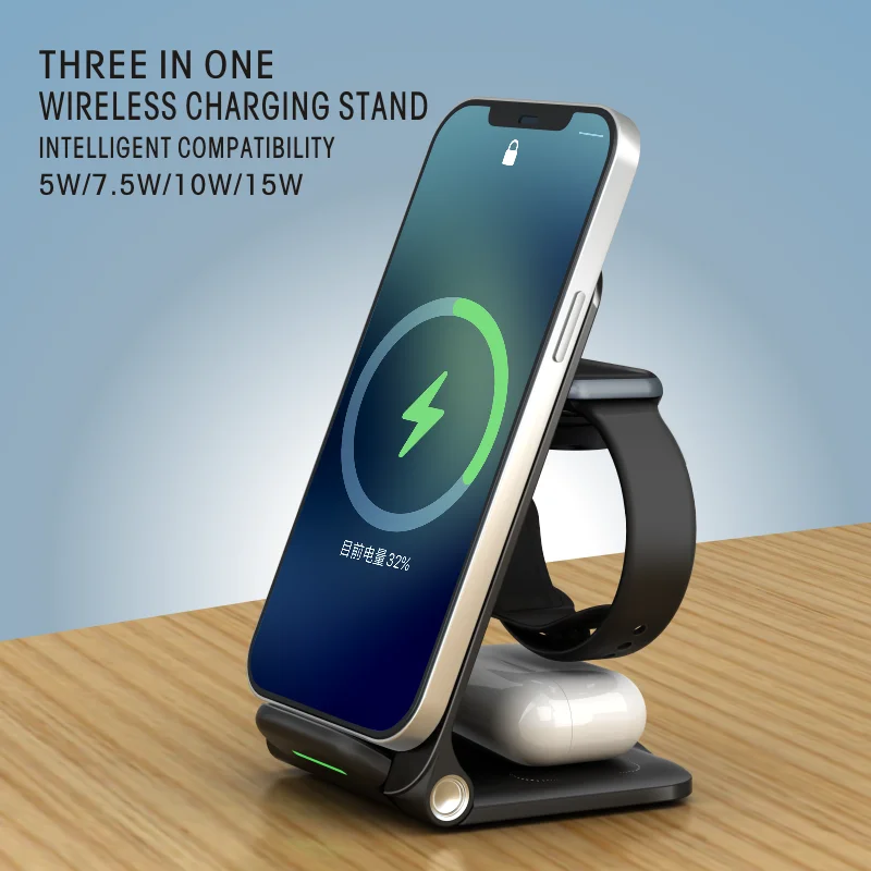 

OJD76 Magnetic 3-in-1 Wireless Charger The Headset Smart Watches USB The Portable Wireless 15W Quick Charge Stents