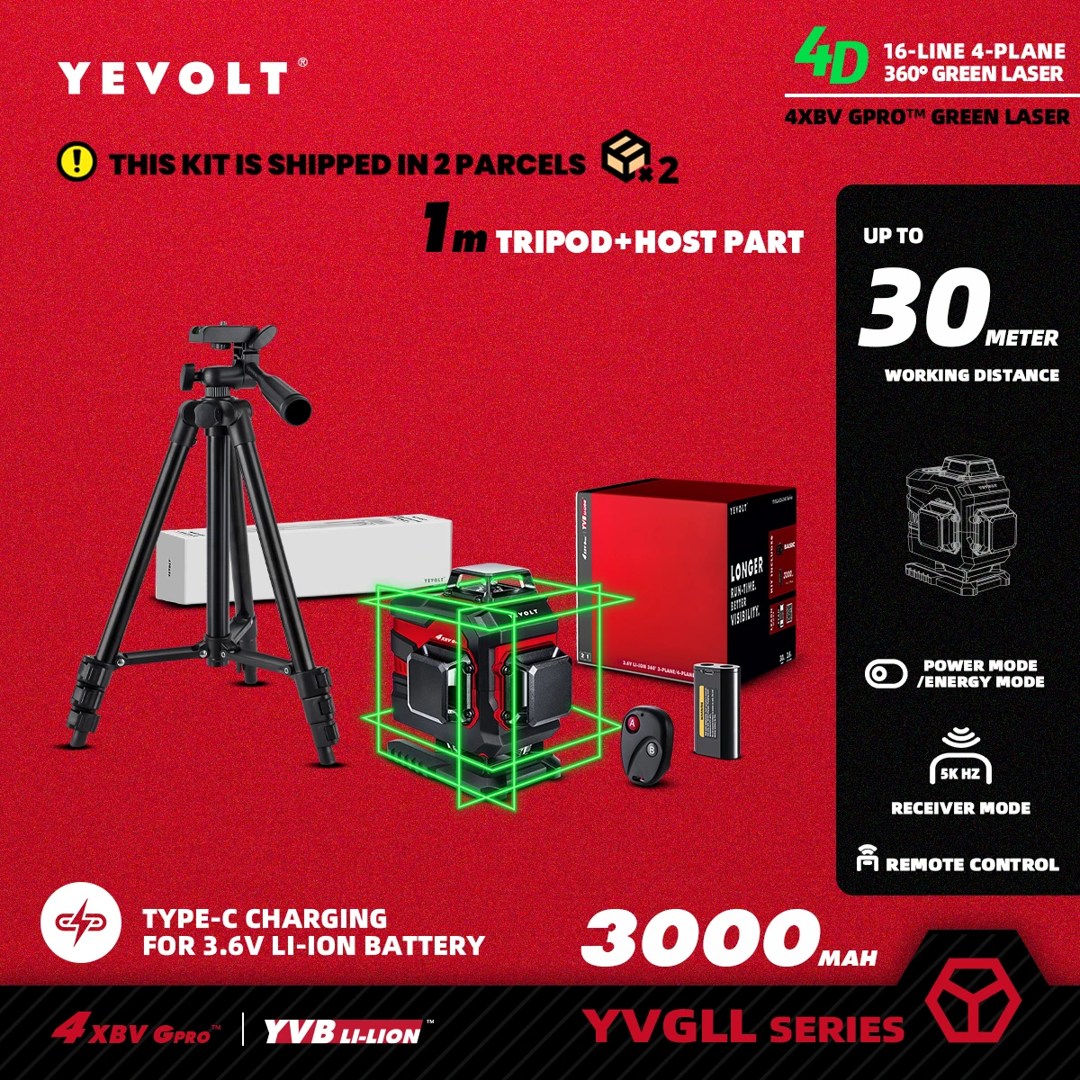 YEVOLT TL-YVGLL4XS16 Series Green Laser Level 4-Plane 16-Line Self-leveling 360 4D Power Measuring Tools-1M Aluminium Tripod