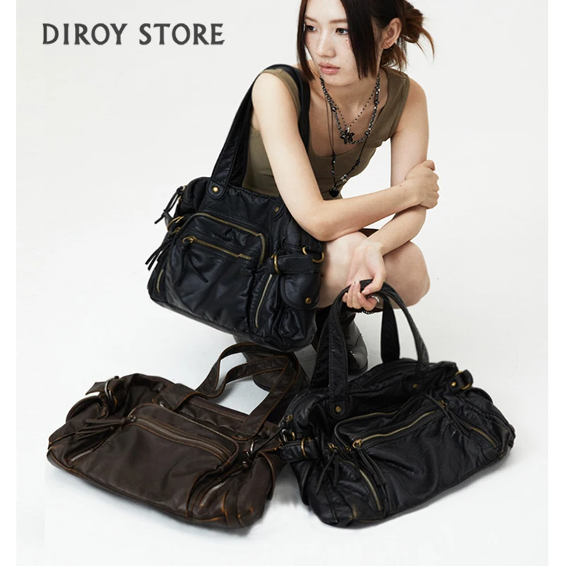 

Y2K sac à bandoulière simple pour fille, sac de moto Vintage en cuir lavé, sac multi-poches de grande capacité diagonal Tote bag