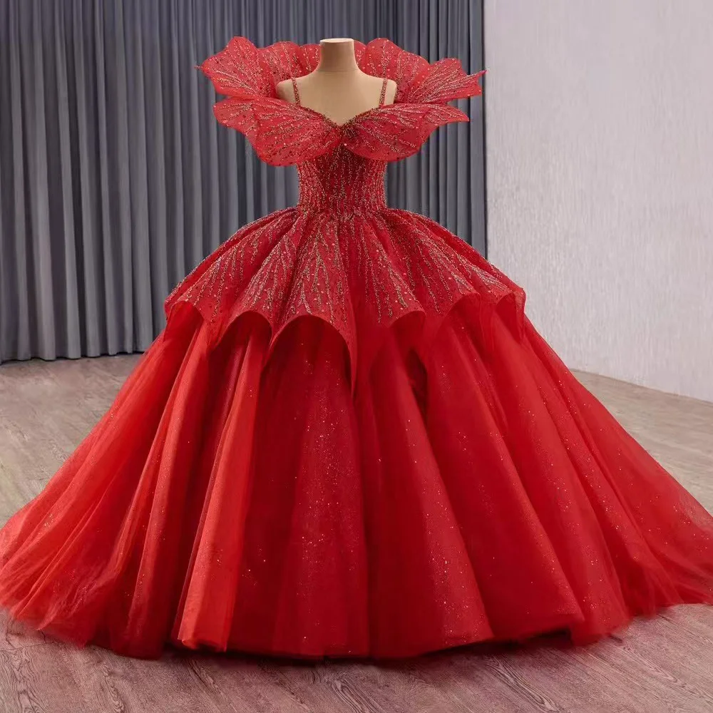 Red Lace-Up Back Spaghetti Strap Sleeveless Sequined Evening Dress Customizable Luxury Women's Gown