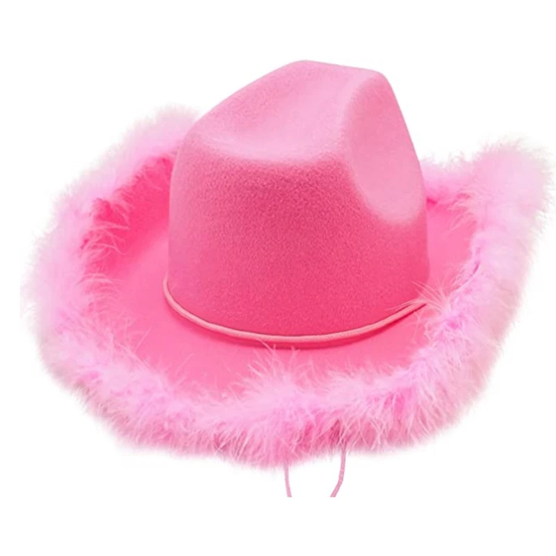 Topi Koboi Pinggiran Bulu Halus Cocok untuk Semua Topi Cowgirl Merah Muda untuk Mardi Gras Rave M6CD