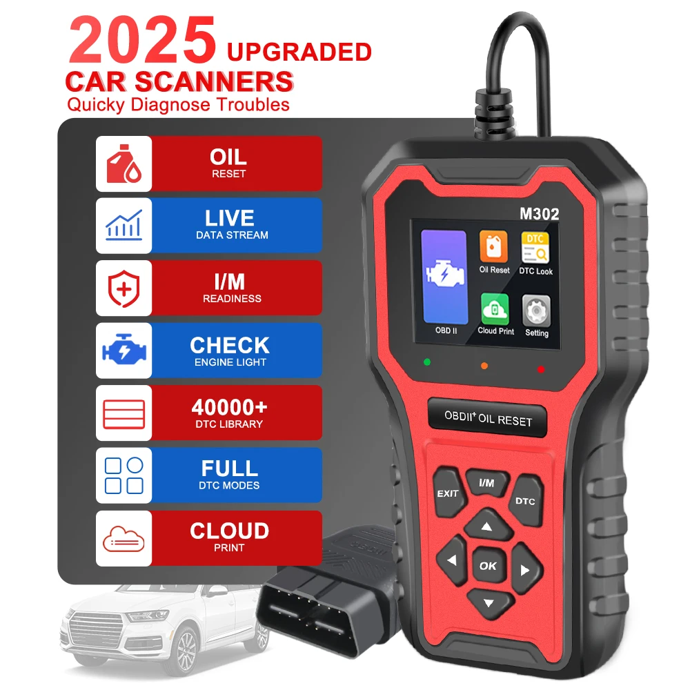 M302 سيارة obd2 الماسح الضوئي رمز القارئ السيارات خطأ رمز محو أدوات التشخيص iCloud طباعة دعم البرمجيات ترقية الملحقات