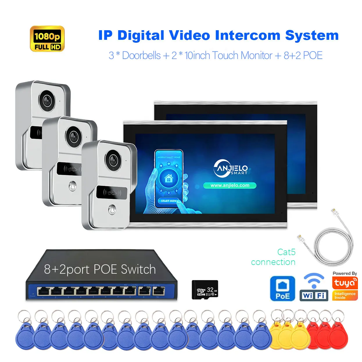 Tuya 1080P 10인치 터치 스크린 비디오 인터콤 아파트용 디지털 IP 도어폰 멀티룸용 홈 비디오 초인종