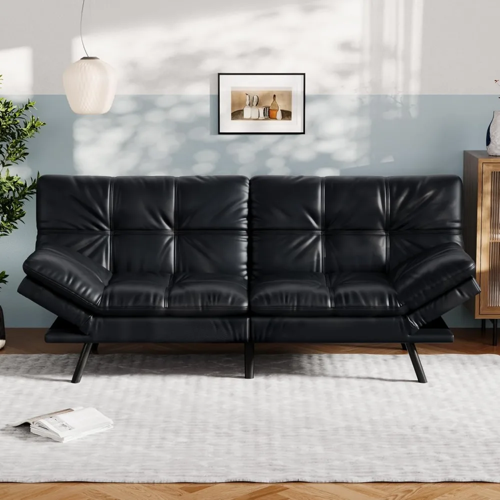 

Convertible Futon Sofa Bed, Black Faux Leather Futon Couch with Adjustable Backrest & Armrests, Folding Small Recliner Sleeper