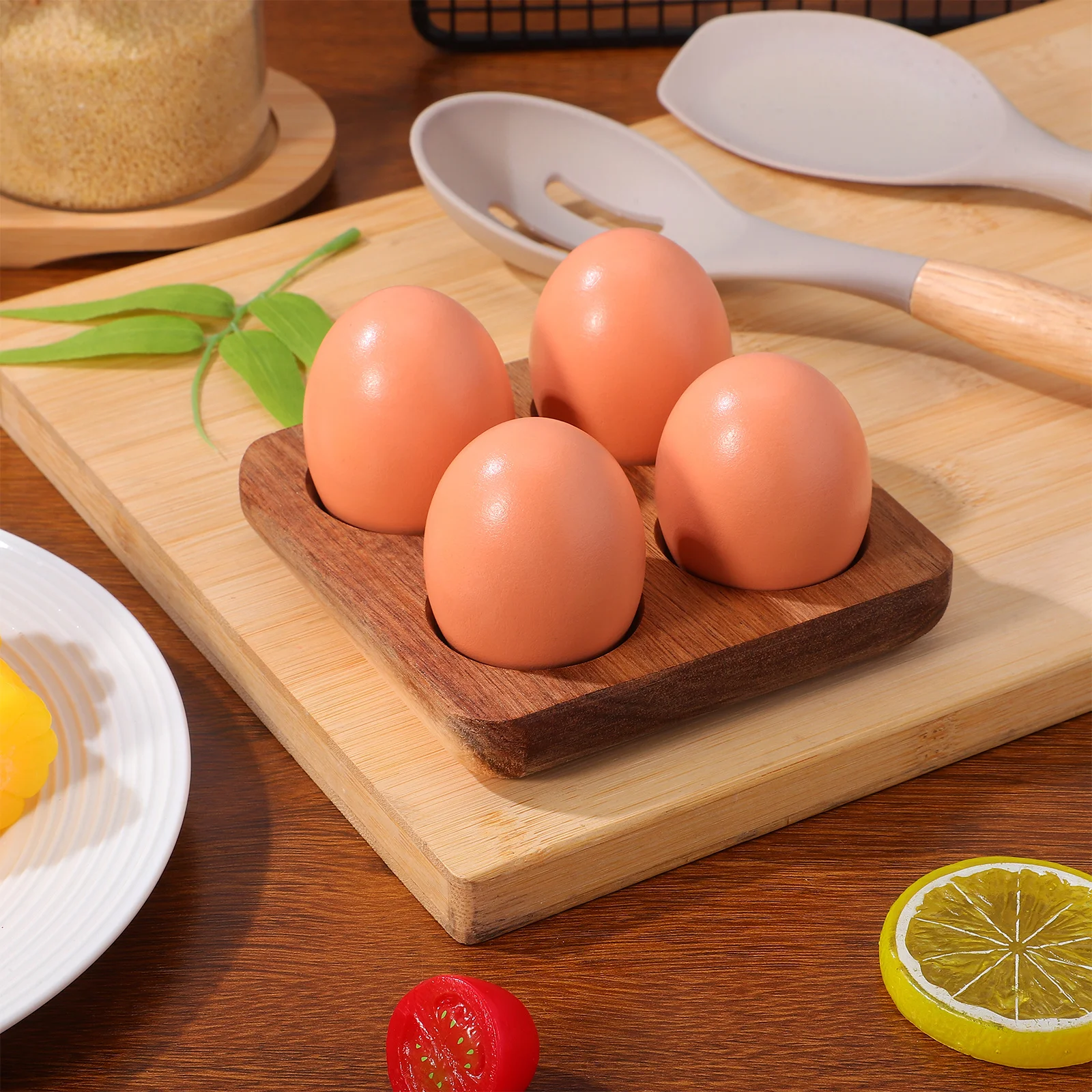 

4 Slot Acacia Wood Egg Tray Kitchen Organizer for Fresh Eggs Storage Countertop Fridge Display Holder Penguin Egg Holder