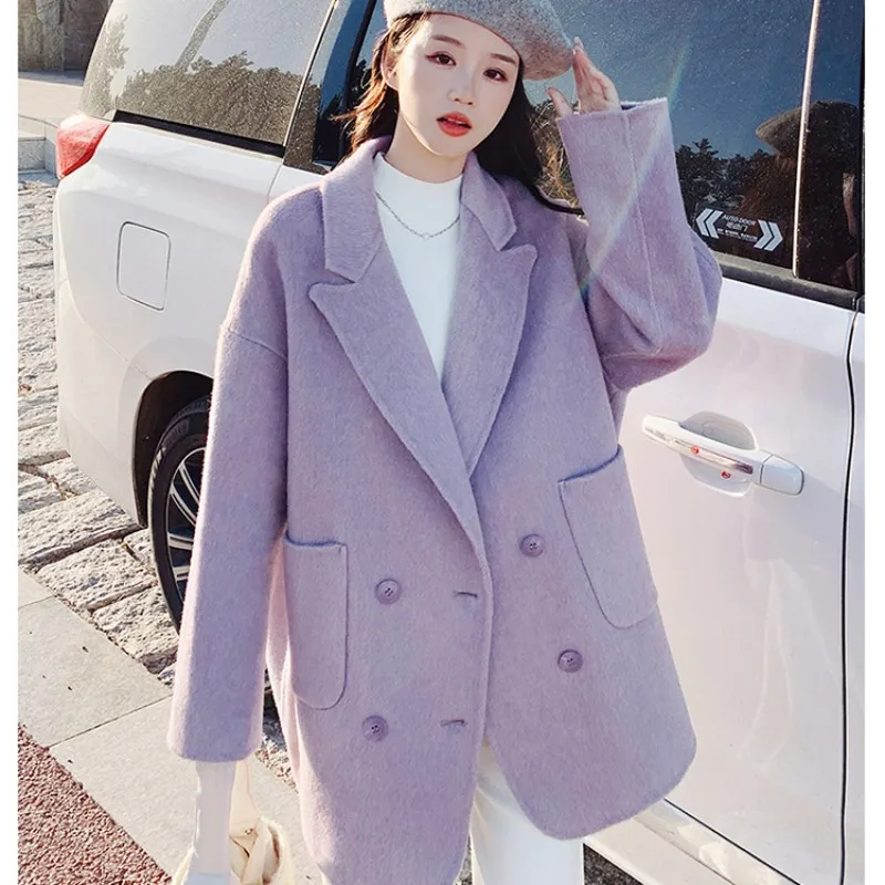 New Purple Suit Collar Women's Jacket 2022 Autumn Winter Double-breasted Trench Coat Mid-length Warm Thicken Female's Clothing