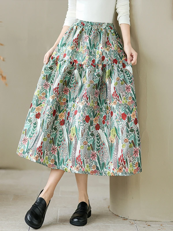 

Casual Emed Floral Print Midi Skirt for Women High Waist Elastic Loose Fit Autumn Winter Faion f Body Skirts