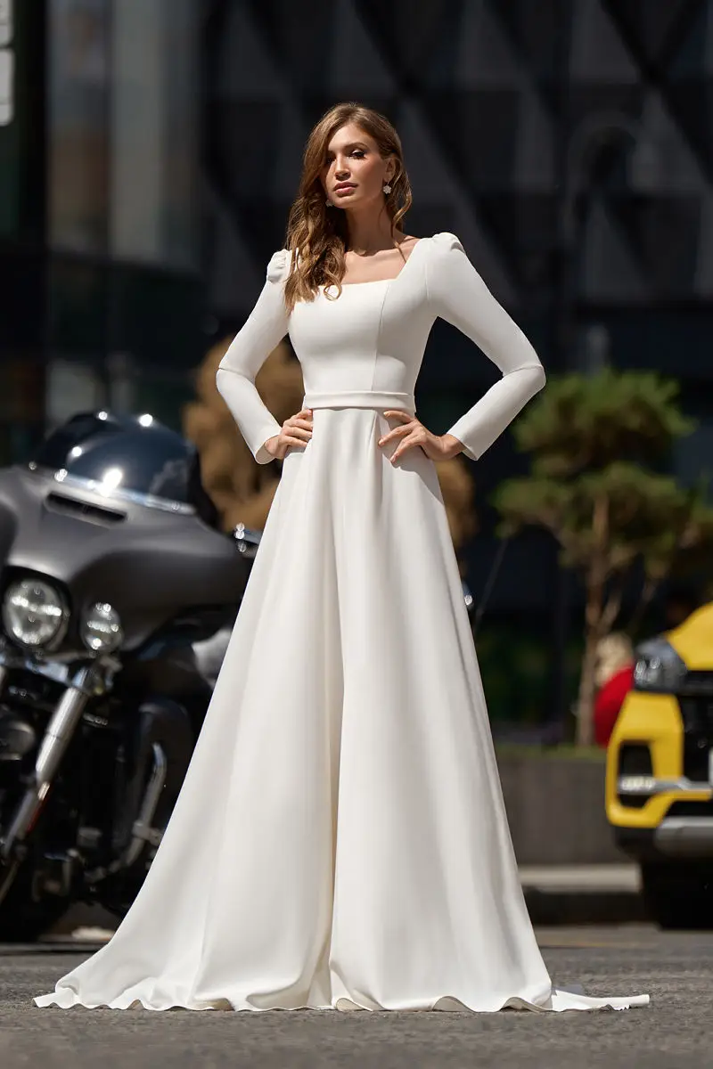 

Simple Beach Wedding Dress Square Collor Long Sleeves Side Slit For Women Customize To Measures Bridal Gowns 2024 Robe De Mariee