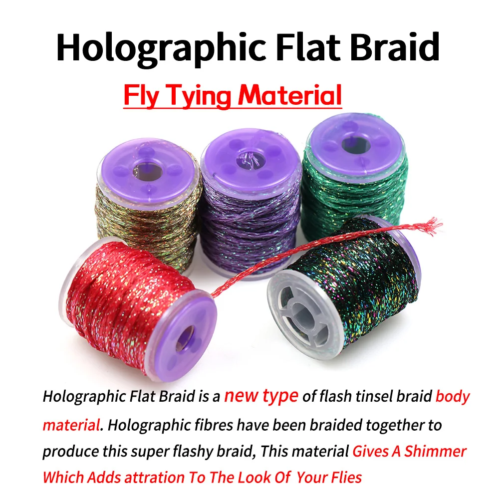 Bimoo 10M/spool 1mm Holographic Flash Flat Braid Thread Fly Tying Body Material for Trout Streamer Saltwater Flies Lure Bait