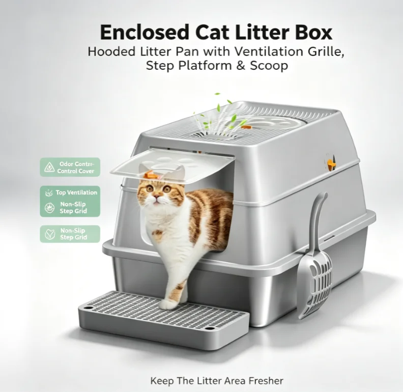 ZHAYA  ZHAYA   Stainless Steel Enclosed Cat Litter Box W/Carbon Filters - Odor-Free Anti-Leakage High Sides Removable Lid for