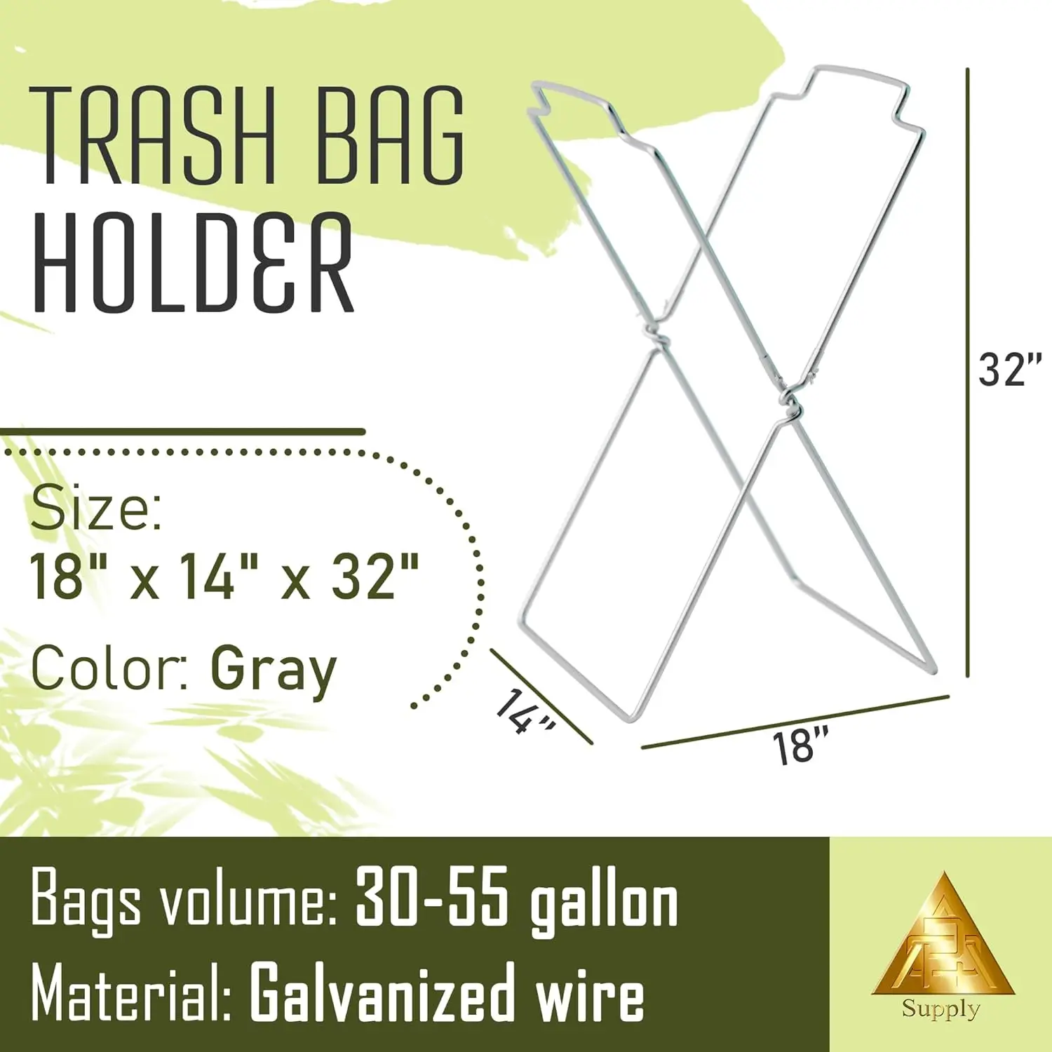 APQ Portable Trash Bag Holder Outdoor, 18 x 14 x 32 Inches. X-Frame Leaf Bag Holder Stand. 30-55 Gallons Metal Folding Trash Bag