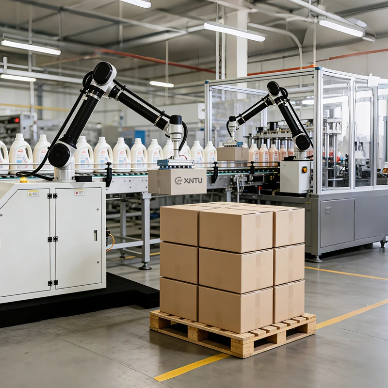 Auto Collaborative Palletizer Robot Arm No Programming 24H Mobile Base Stable Stacking For Chem Beverage Food Industry
