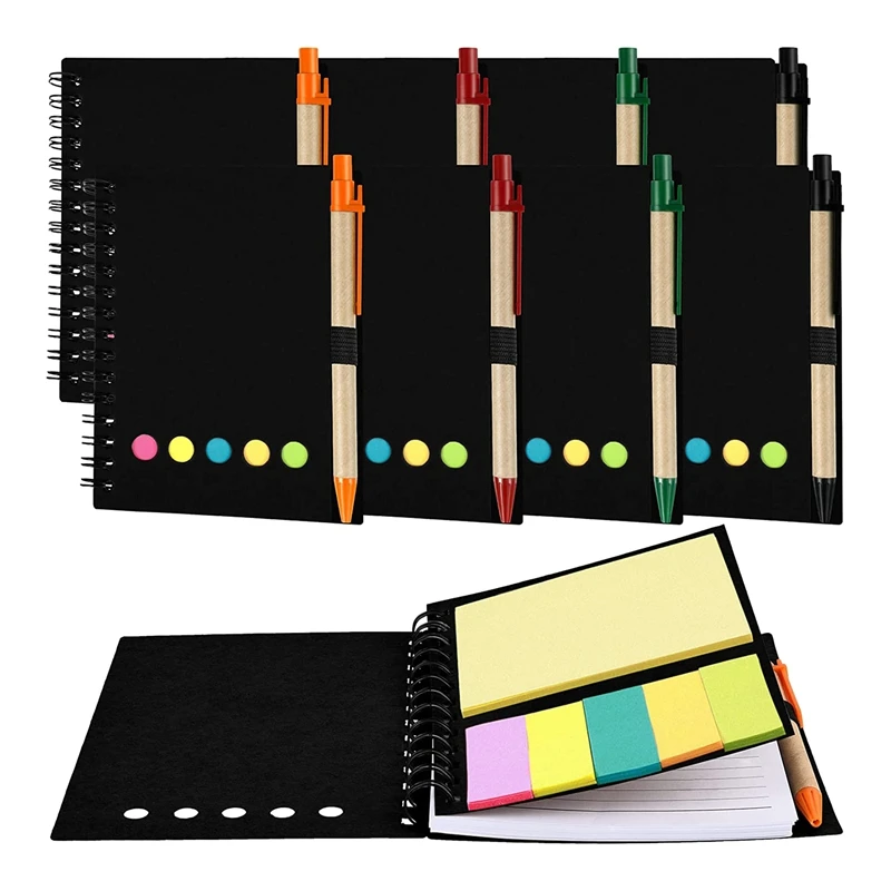 

Pack Of 8 Lined Spiral Notebook Kraft Cover Notepad Notepad With Pen In Stand Page Markers Sticky Notes Color Index Tabs