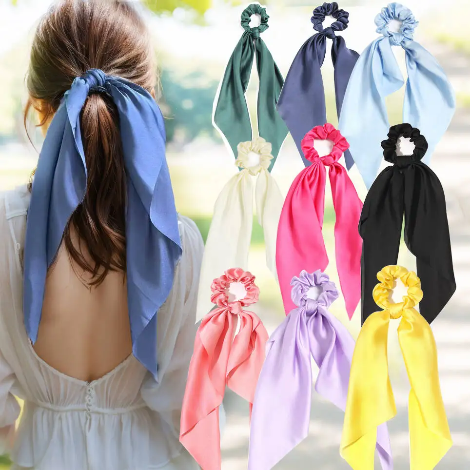 Fashion Solid Color Satin Ribbon Long Bow Ponytail Scarf Tie Hair Scrunchies for Women Girls Elastic Bands Hair Accessories 2026
