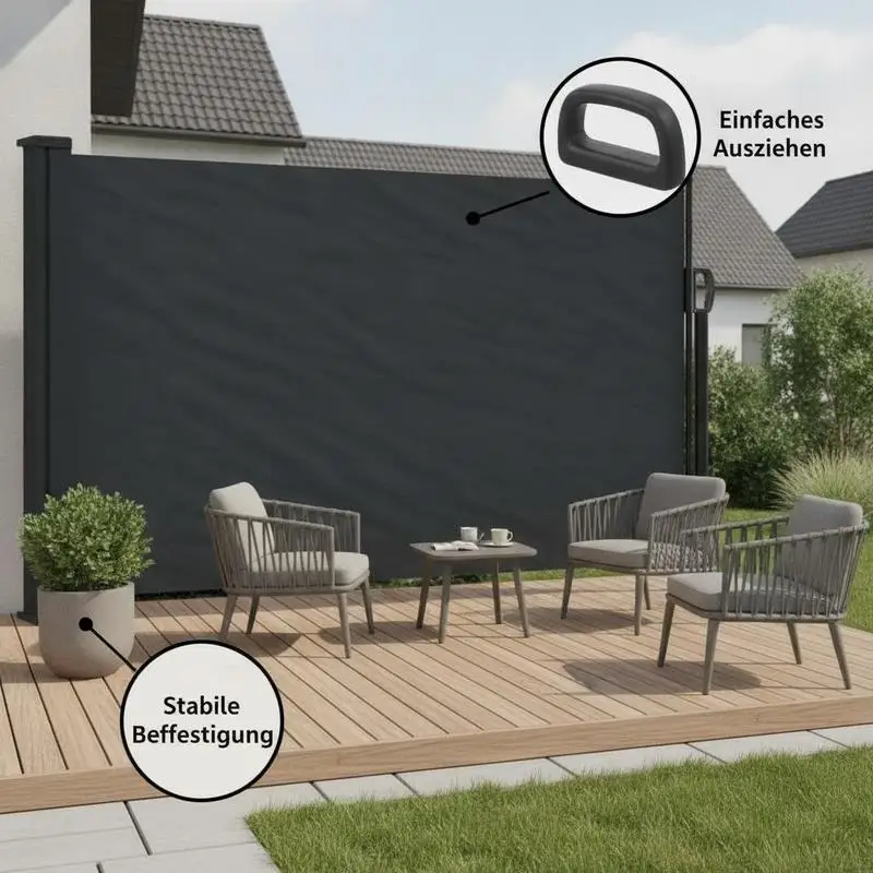 Auvent latéral rétractable noir 117x300 cm en polyester enduit PU, imperméable, anti-UV, avec structure en acier et aluminium, accessoires de fixation fournis, brise-vue pour balcon, terrasse, jardin, enroulement automatique résistant au soleil, à la pluie et au vent, montage simple.