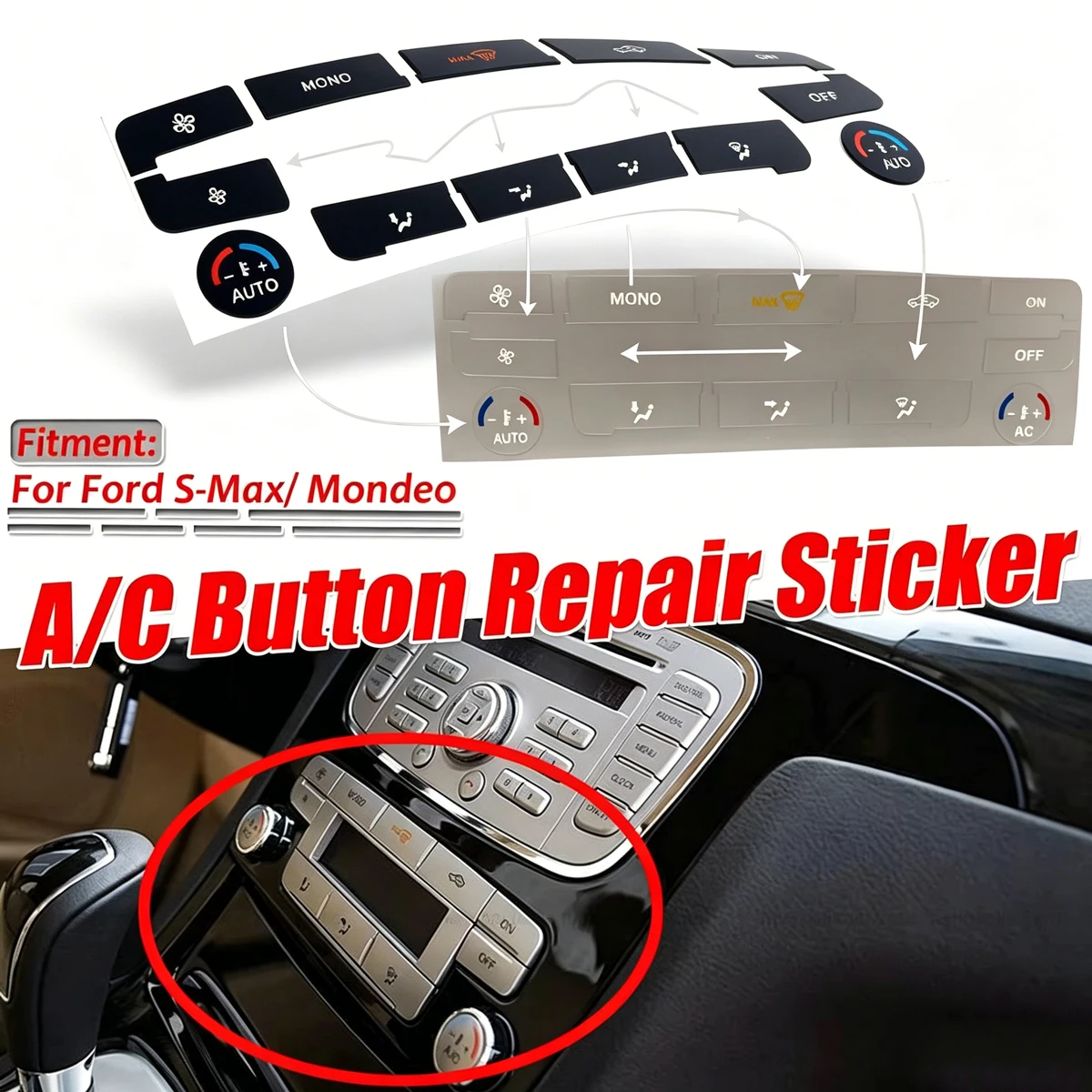 

Silver/Black Car Air Condition AC Climate Control Button Repair Sticker Decal For Ford S-Max/ For Mondeo Fix Ugly Button