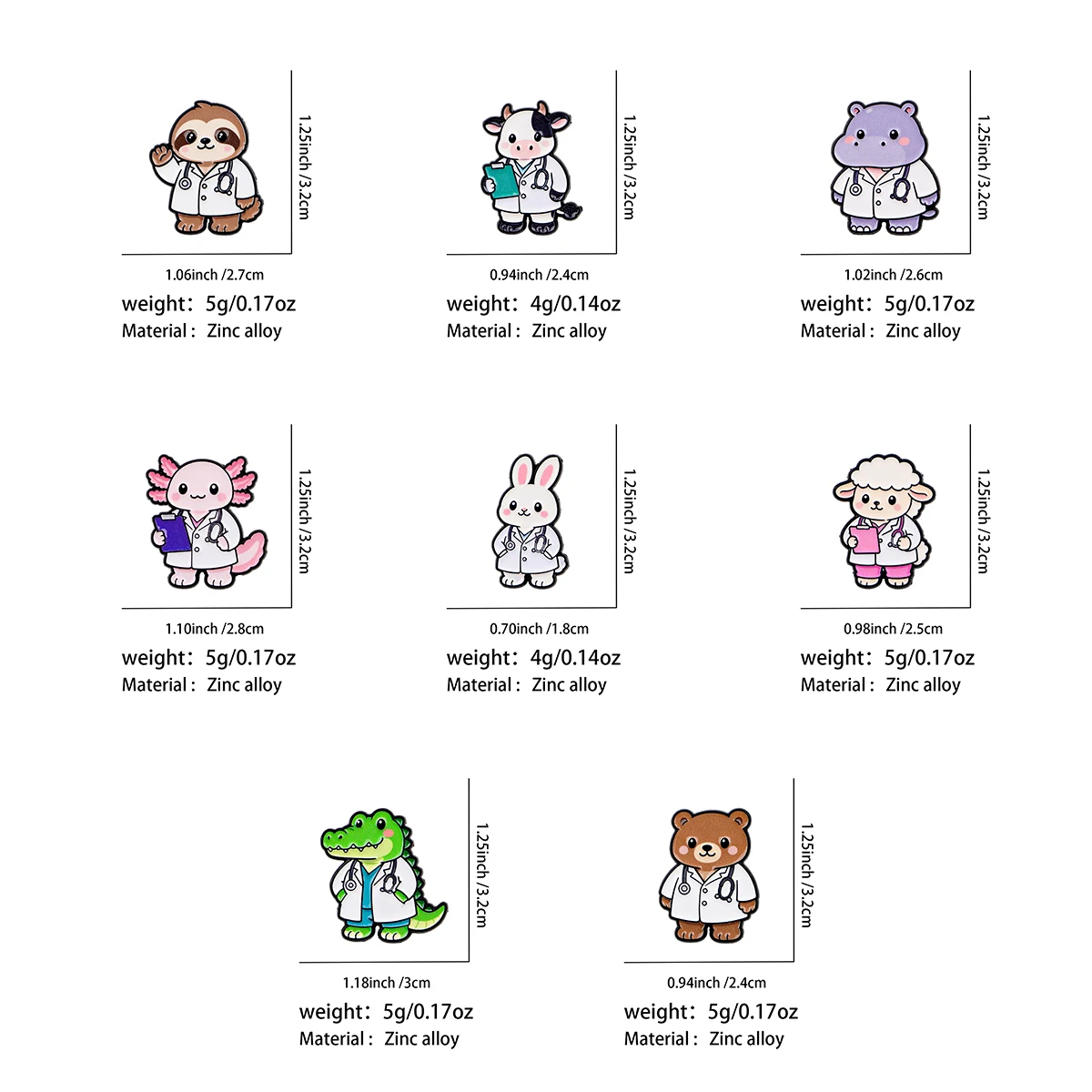8pcs/set Kawaii Veterinary Animal Enamel Brooch Cartoon Animals Doctor Lapel Pin For Medical Worker Gift