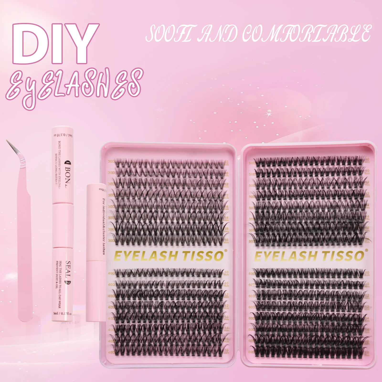 32 Reihen Mix Cluster Wimpern mit Bindung und Pinzette Make-up-Tools DIY Wimpernverlängerungsset für Wimpern Wasserdichtes Wimpernset dick
