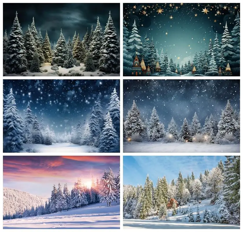 

Laeacco Christmas Forest Backdrop Winter Wonderland Snow Glitter Xmas Pine Trees Family Festival Party Photography Background