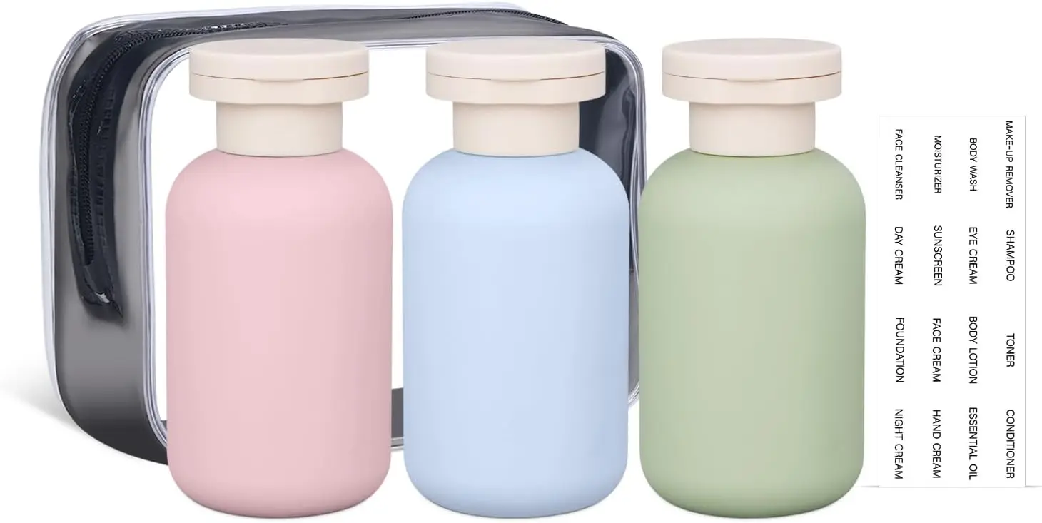 

Leak Proof Travel Bottle Set with Flip Cap, Refillable Shampoo and Conditioner Containers for Lotion, Cream - 3.4 oz Each