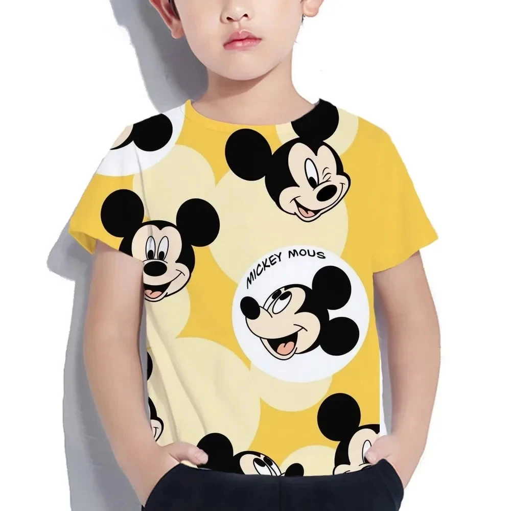 24 MINISO Summer New Kids Short Sleeve Top Fashion Cute 3D Mickey Mouse Donald Duck Print Pattern Breathable Top Intimate Fabric