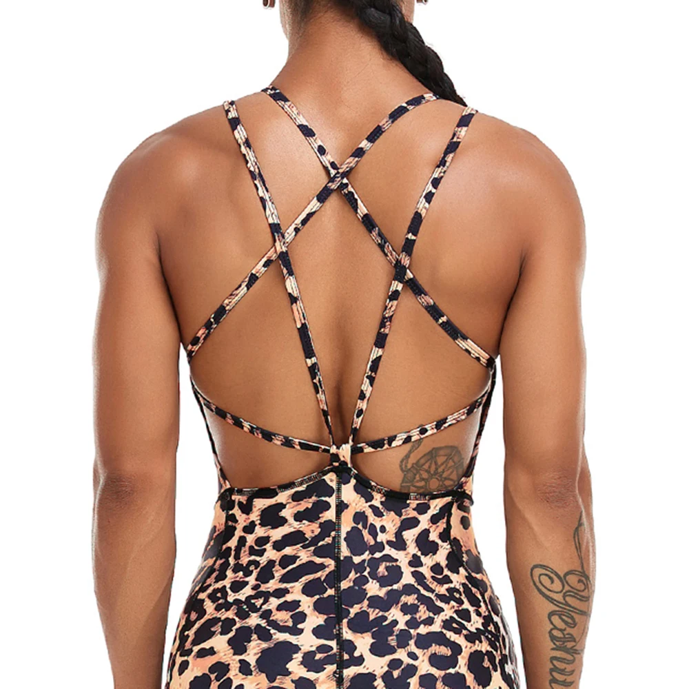 Women Leopard Sexy Jumpsuits Backless Cross Bodysuit Sporty One Piece Sportswear Sleeveless Catsuit Gym Fitness Workout Yoga Set