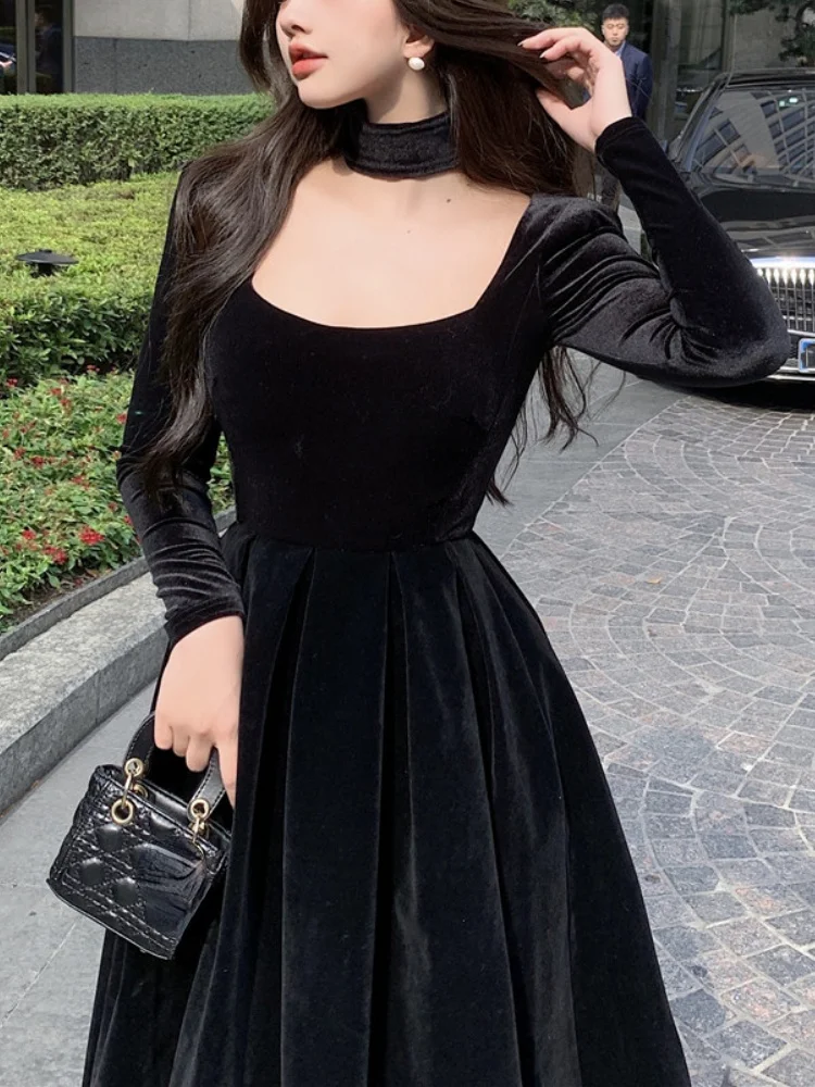 Velvet Elegant Evening Party Midi Dresses Ladies Black France Vintage Dress Women New Winter Korean One-piece Dress Autumn 2021