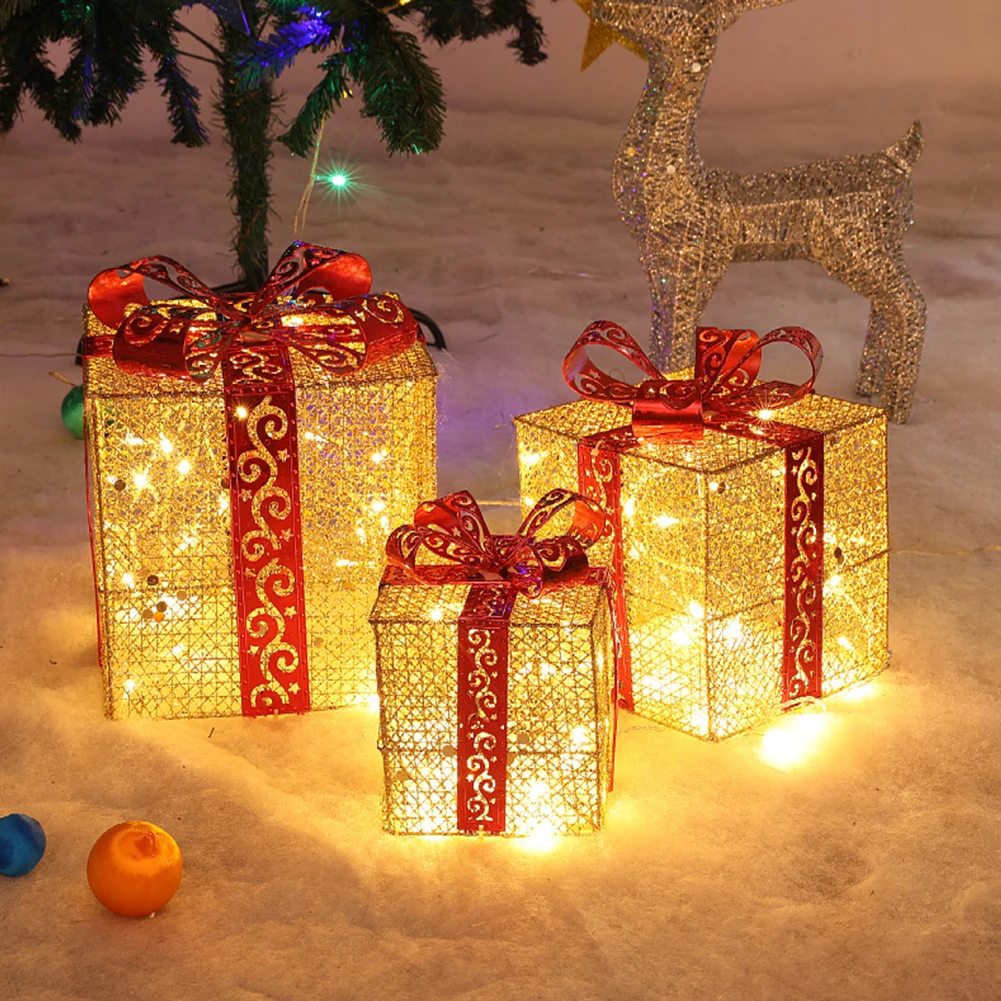 Caixas de metal iluminadas dobráveis de Natal 25/20/15CM Conjunto de 3 operadas por bateria para árvore de Natal interna externa/quintal/decoração de casa