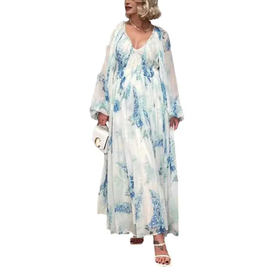 Women's Clothing Floral Flower Printed Chiffon Dress V-neck See-through Pleated Waist Drawstring Long Sleeve Loose Maxi Dress