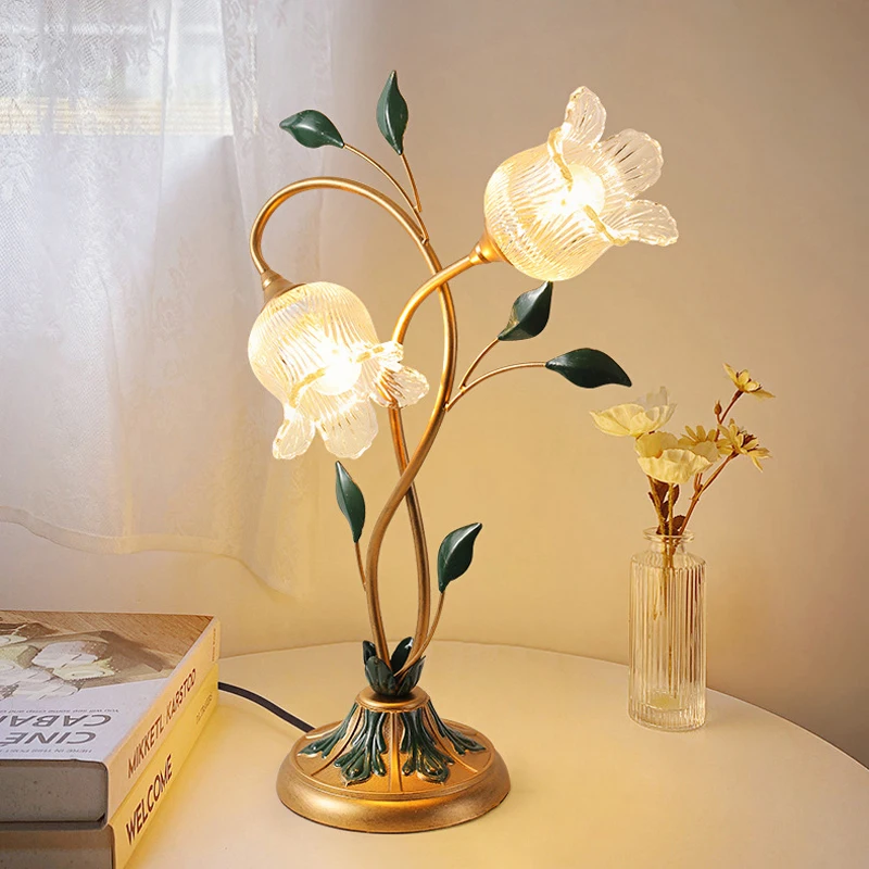 European Green Vintage Villa Hotel Decorative Table Lamp Gold Bronze Bed-Chamber Living Room Desktop LED French Flower Lights