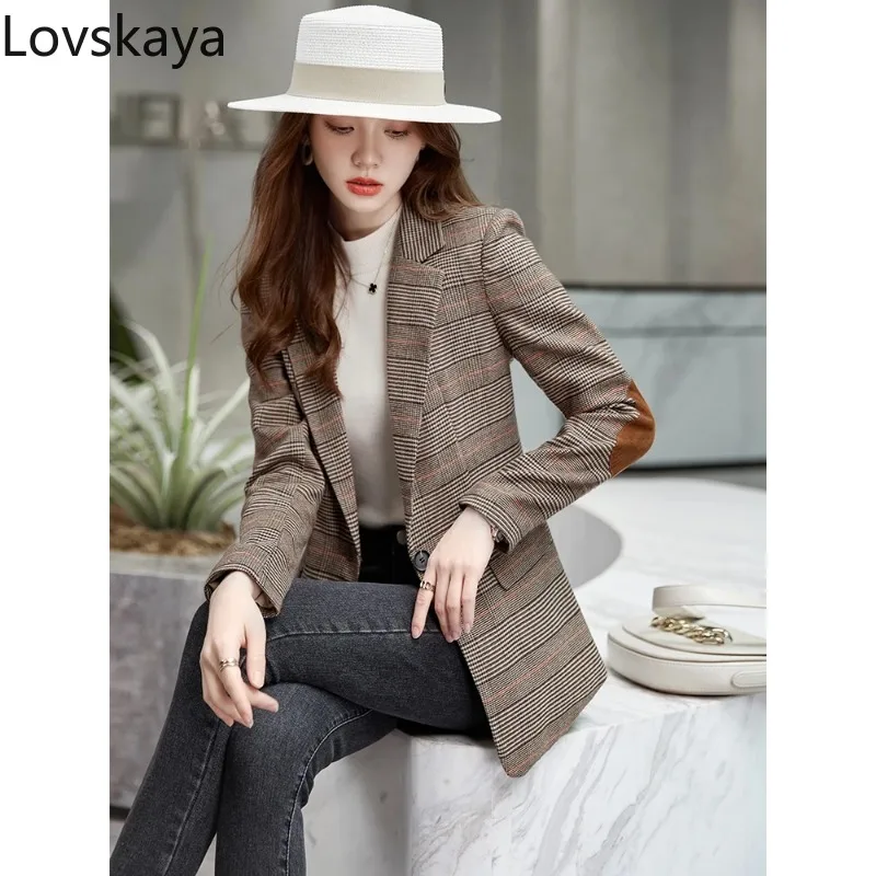 New  Long Sleeve Single Button Slim Jacket Coat For Autumn Winter Ladies Casual Coffee Plaid Blazer Women