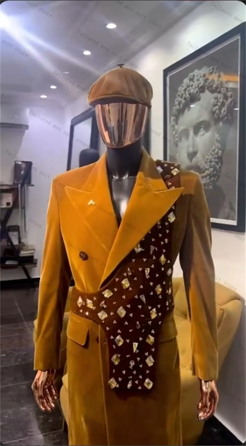 Velvet Men Suits 1Piece Long Blazer Overcoat Luxury Stone Crystals Wedding Tuxedos Jacket Formal Office Business Male Coat