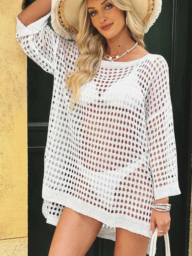 Sexy Frauen Solide O Neck Cove Up Langarm Hohl Dame Strand Kleid Weibliche Lose Brasilianische Badeanzug Abdeckung-Ups