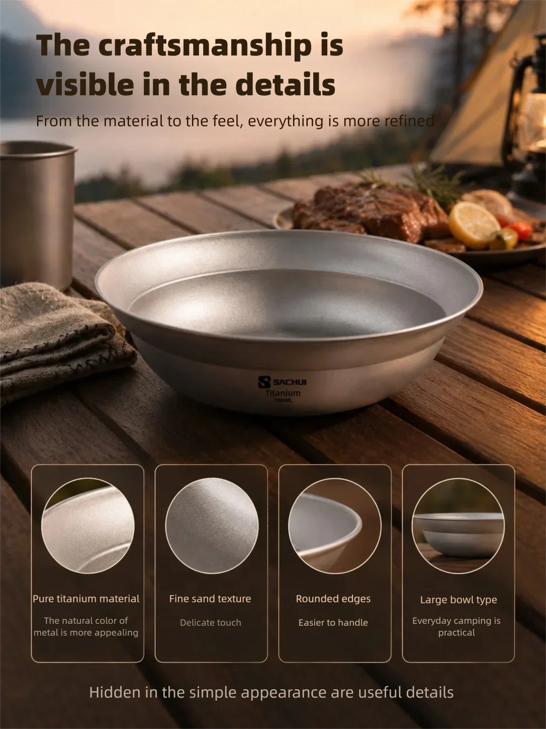 Reines Titan Camping-Geschirr: Große Schüssel, Teller, Besteck für Outdoor, Wandern, Reisen – Ultraleichte, tragbare Salatschalen und Lamian-Tischware – Detail 10