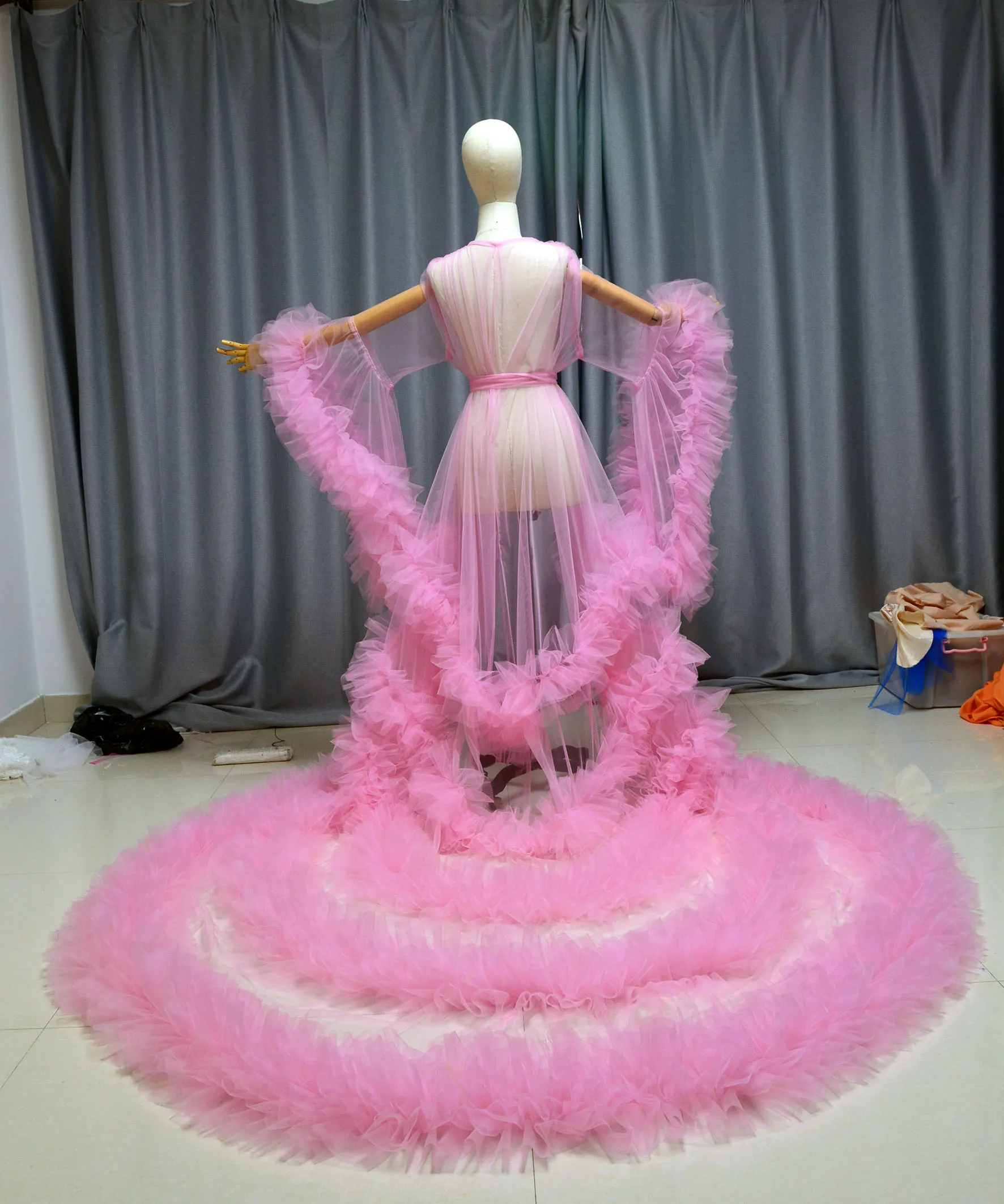

long 300cm pink Tulle Robe Perspective Through Long Dressing Gowns Fluffy Maternity Dress PhotoshootBride boudoir dress custom s