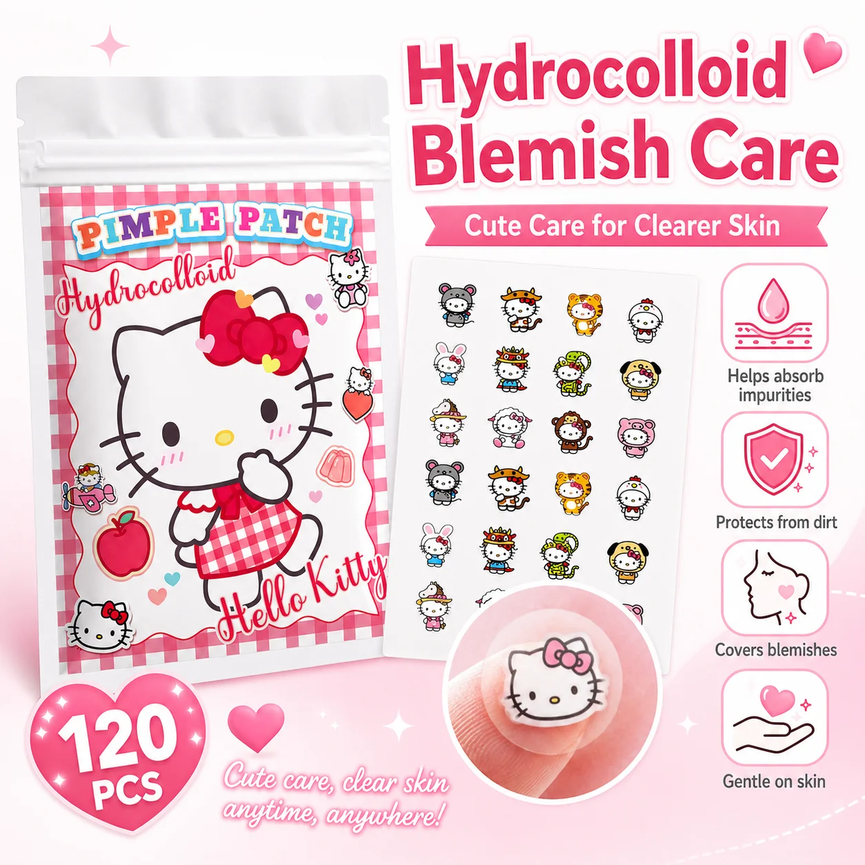 120PCS hello kitty Acne patches, facial acne patches, hydrogel acne removal patches, concealer view 3