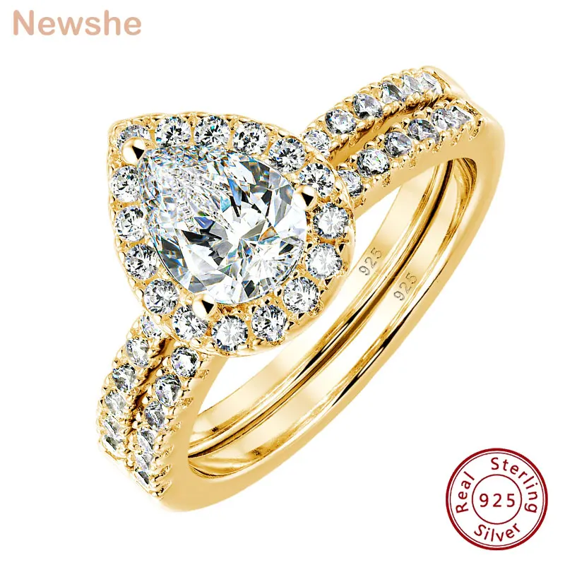 Newshe 2 Pcs Yellow Gold Color Wedding Rings Set Solid 925 Sterling Silver 3Ct Halo AAAAA CZ Pear Cut Engagement Ring for Women