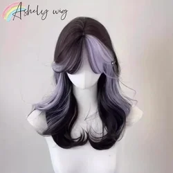 Ashely Black Purple Wig Short Curly Wig for Women Ombre Black Natural Soft Headband Synthetic Wig with Bangs Lolita  가발