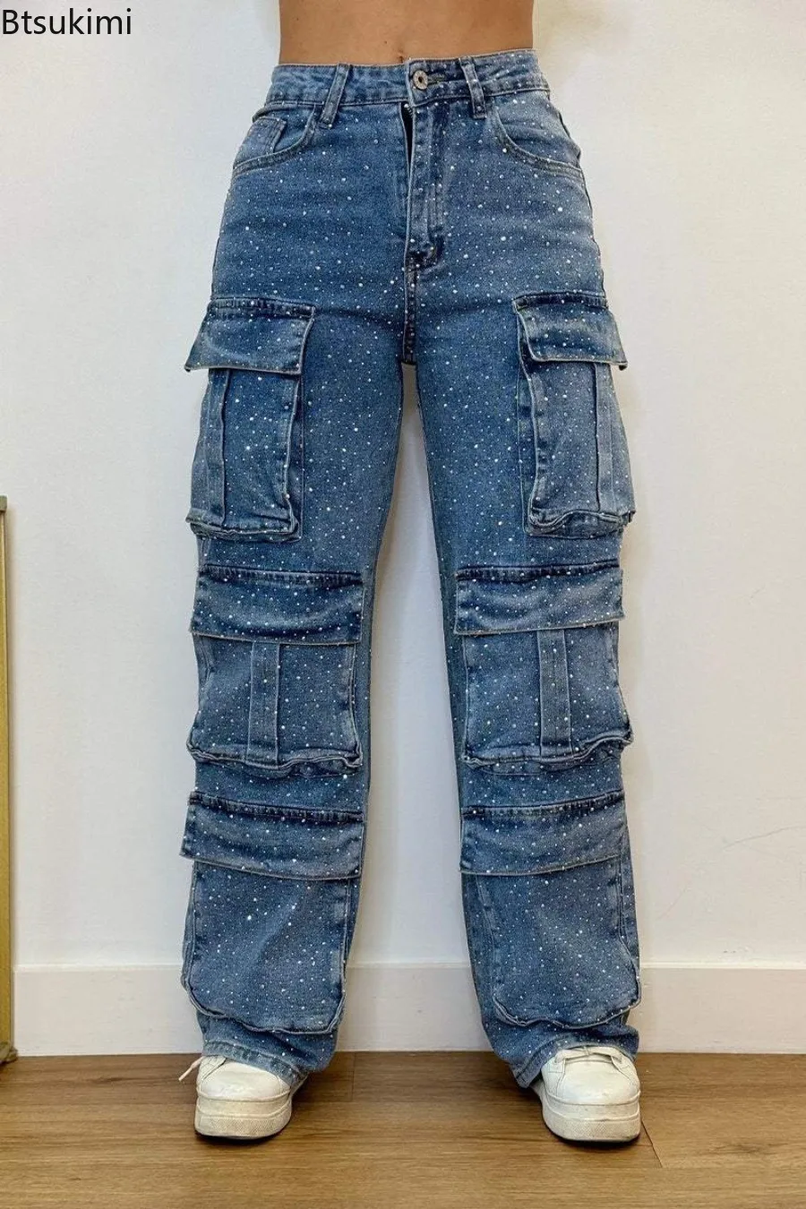 

New 2026 Women's High Waist Cargo Denim Jeans with Full Rhinestones Sparkling Casual Baggy Pants Streetwear Chic Daily Trousers