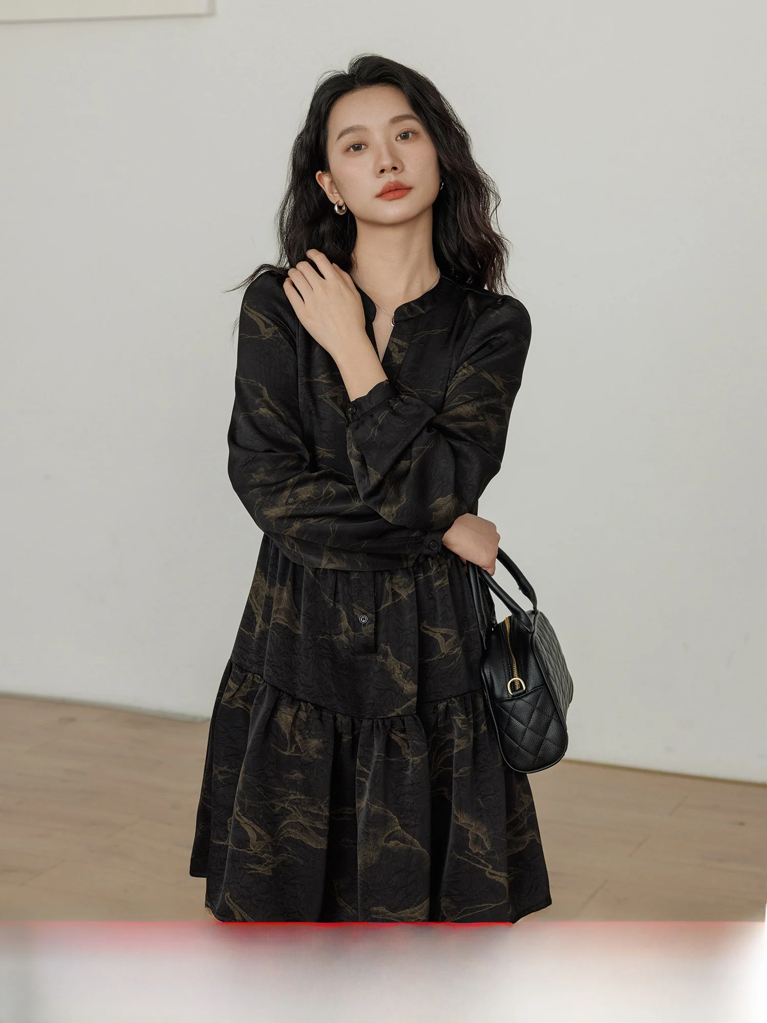 

Casual Long Sve Women's Dr Bla New Chinese Sle A-Line Skirt V-Ne Ci Commute Suitable Spring Autumn Seasons