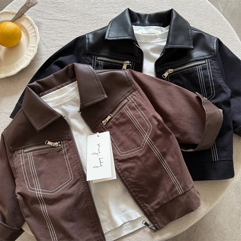 Children's coat 2025 spring new boys and girls leather zipper jacket baby simple jacket tide