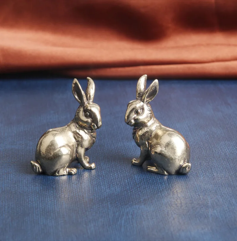 Vintager Solid Brass Cute Rabbit Figurines Miniatures Crafts Desktop Ornaments Desk Living Room Home Decoration Accessories