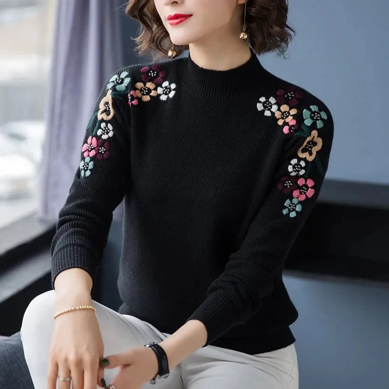 Half Turtleneck Embroidered Flowers Women Sweaters Fall Winter Thick Warm Pullover Slim Tops Mother Loose Jumper Knitted Sweater