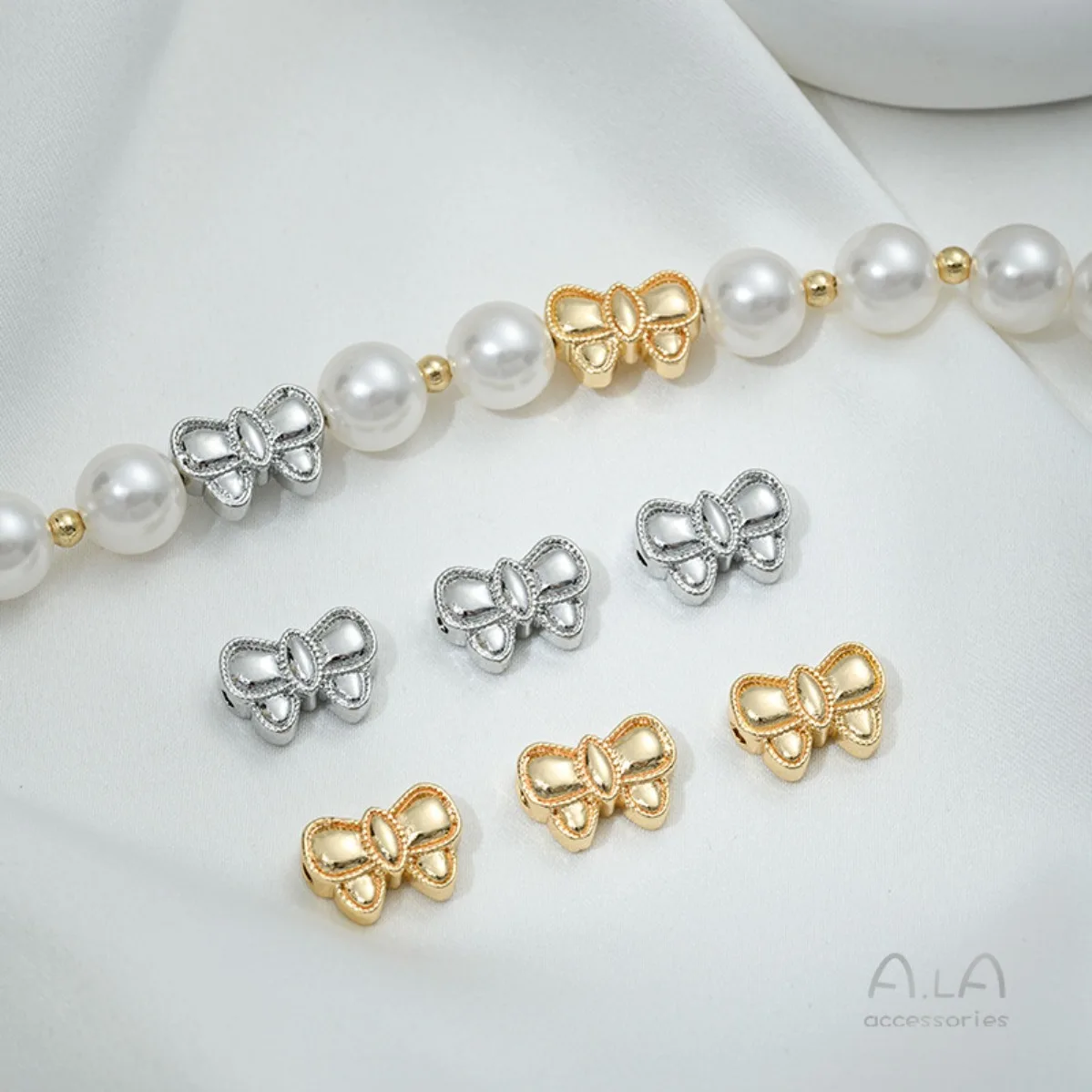 Brass 14K Gold Filled Anti-fade Double Sided Bow Full Straight Hole Spacer Beads DIY Pearl Bracelet Necklace Jewelry Findings