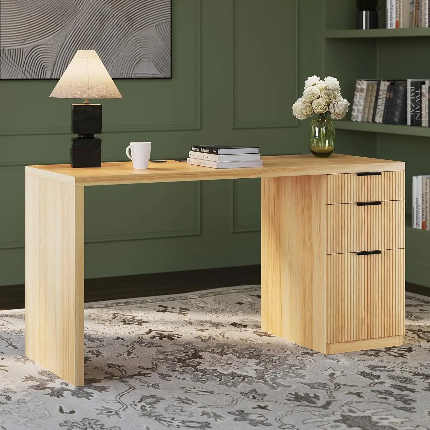 

58" Home Office Desk with Power Outlet & File Cabinet, Modern Fluted Executive Desk with 3 Storage Drawers,Computer Workstation