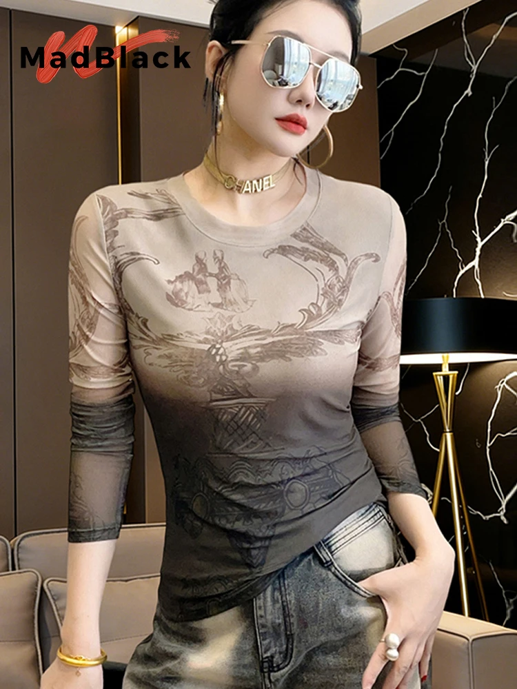 MadBlack-Women European T-Shirt, Sexy O Neck Geometry Print, Fashion Long Sleeve Slim Thin S-3XL Tee, 2026 Summer New T64136CC
