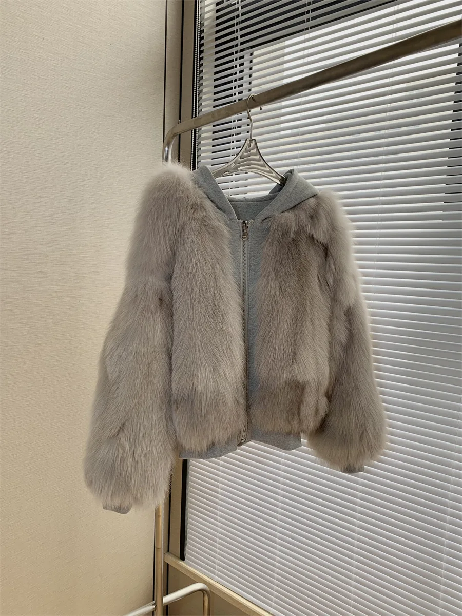 New Hooded Two-sided Fox Fur Hoodie Short Fur Coat Lady