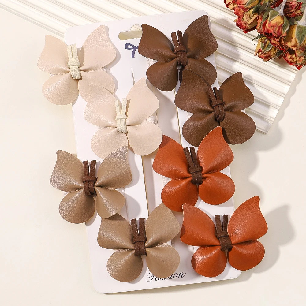 8pcs Baby Girls Cute Butterfly Hair Clips for Kids Handmade PU Leather Safe Hairpins Headband Solid Princess Hair Accessories