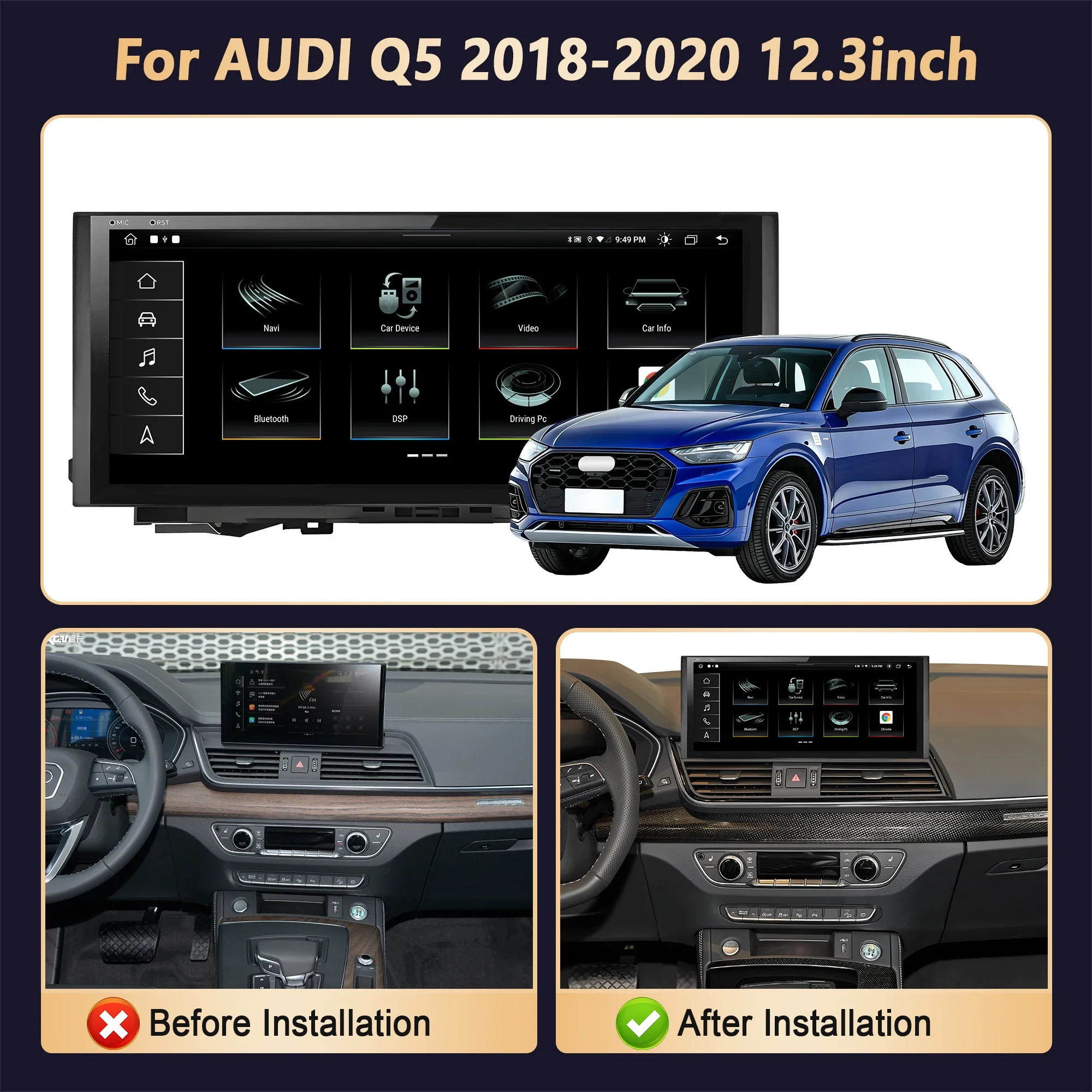 12.3 inch For AUDI Q5 2018-2020 GPS Navigation Car Radio Multimedia Android 14 Snapdragon 680 Wireless Carplay Bluetooth Screen