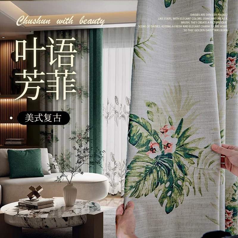 Custom Size Country-style Printed Cotton and Linen Blackout Retro Heat-insulating Chenille Curtains for Living Room and Bedroom